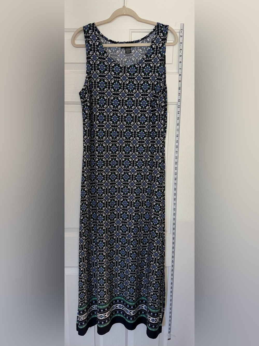 Women’s Black Patterned Maxi Dress with Blue, Green, and White Motif